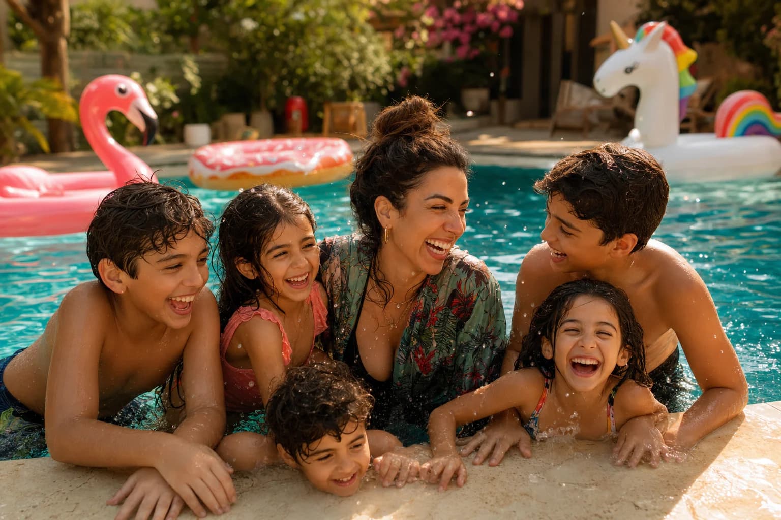 Mina and her five kids splashing in their backyard pool